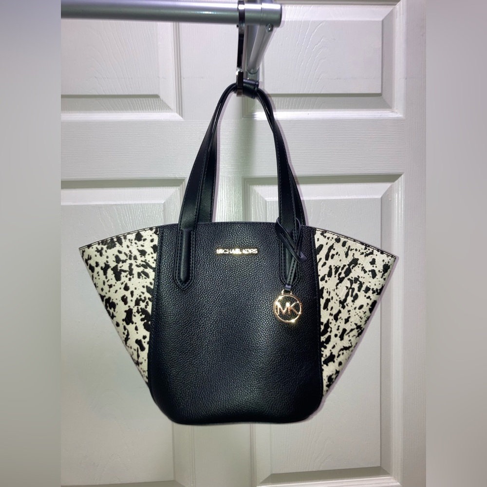 Michael Kor calf hair black white bucket satchel